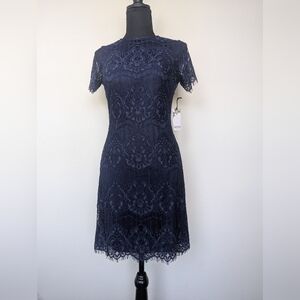 Kensie Women's Size 0 Crew Neck Lace Sheath Style Dress Navy Blue Date Cocktail